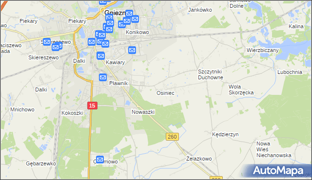 mapa Osiniec gmina Gniezno, Osiniec gmina Gniezno na mapie Targeo