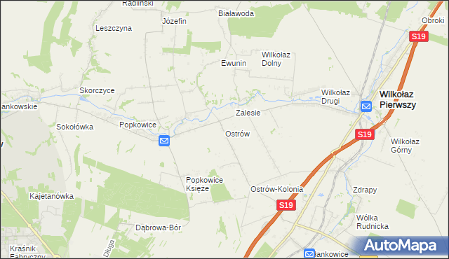 mapa Ostrów gmina Wilkołaz, Ostrów gmina Wilkołaz na mapie Targeo