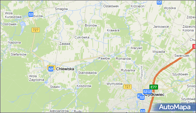 mapa Pawłów gmina Chlewiska, Pawłów gmina Chlewiska na mapie Targeo