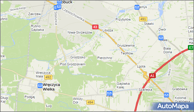 mapa Pierzchno gmina Wręczyca Wielka, Pierzchno gmina Wręczyca Wielka na mapie Targeo