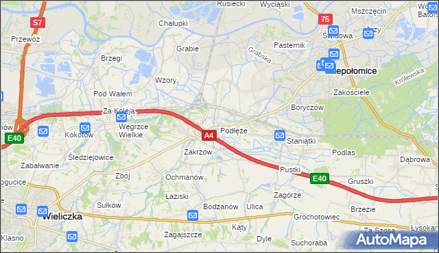 mapa Podłęże gmina Niepołomice, Podłęże gmina Niepołomice na mapie Targeo