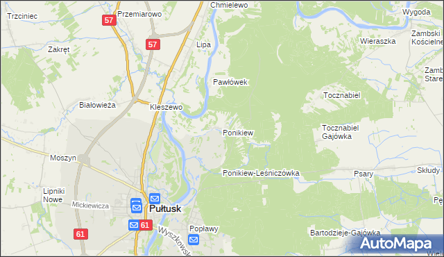 mapa Ponikiew gmina Pułtusk, Ponikiew gmina Pułtusk na mapie Targeo