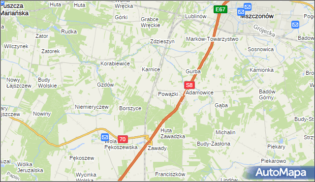 mapa Powązki gmina Mszczonów, Powązki gmina Mszczonów na mapie Targeo