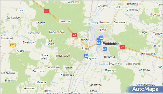 mapa Praga gmina Poddębice, Praga gmina Poddębice na mapie Targeo