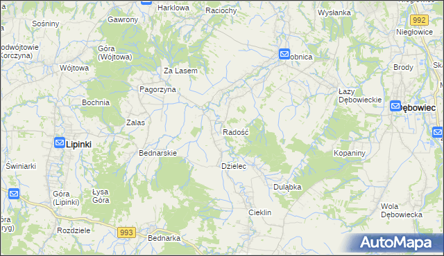 mapa Radość gmina Dębowiec, Radość gmina Dębowiec na mapie Targeo