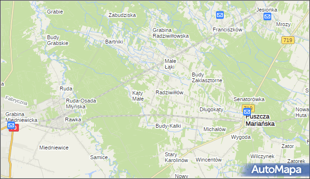 mapa Radziwiłłów gmina Puszcza Mariańska, Radziwiłłów gmina Puszcza Mariańska na mapie Targeo