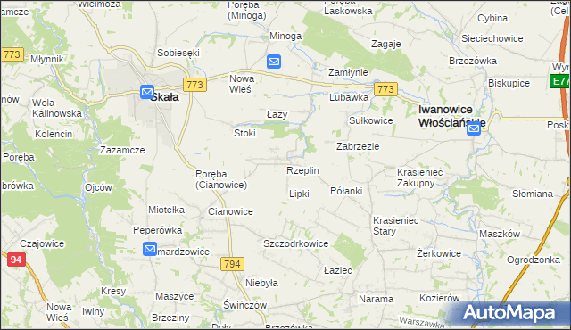 mapa Rzeplin gmina Skała, Rzeplin gmina Skała na mapie Targeo