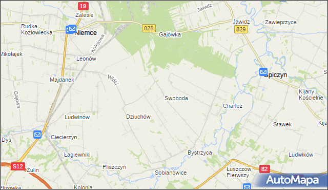 mapa Swoboda gmina Niemce, Swoboda gmina Niemce na mapie Targeo