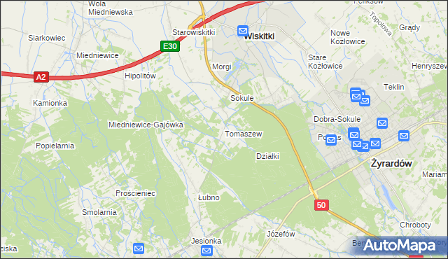mapa Tomaszew gmina Wiskitki, Tomaszew gmina Wiskitki na mapie Targeo