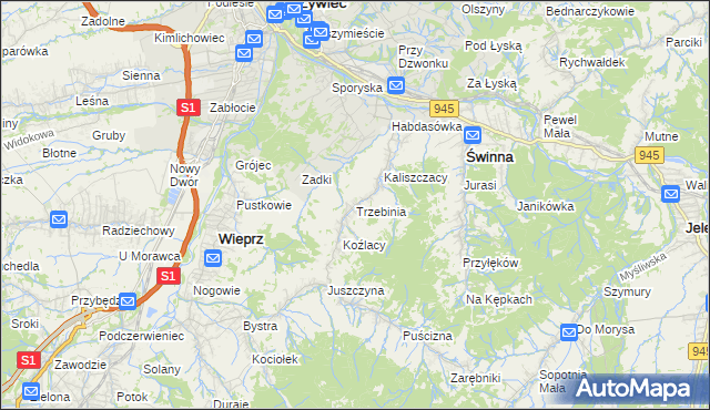 mapa Trzebinia gmina Świnna, Trzebinia gmina Świnna na mapie Targeo
