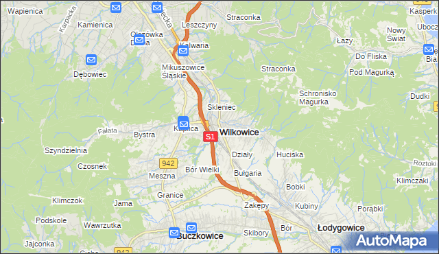 mapa Wilkowice powiat bielski, Wilkowice powiat bielski na mapie Targeo