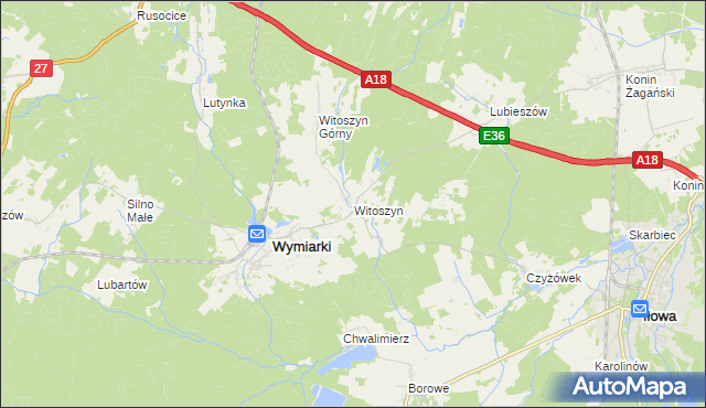 mapa Witoszyn gmina Wymiarki, Witoszyn gmina Wymiarki na mapie Targeo
