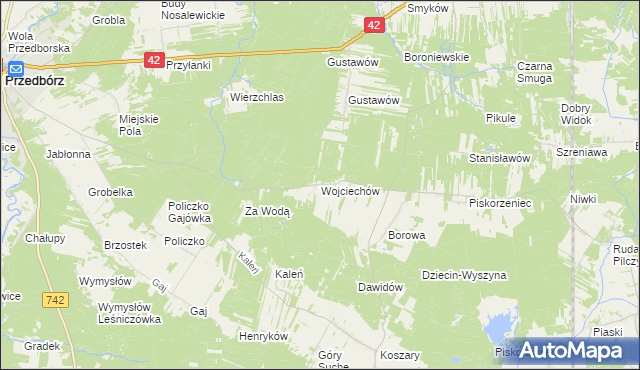 mapa Wojciechów gmina Przedbórz, Wojciechów gmina Przedbórz na mapie Targeo