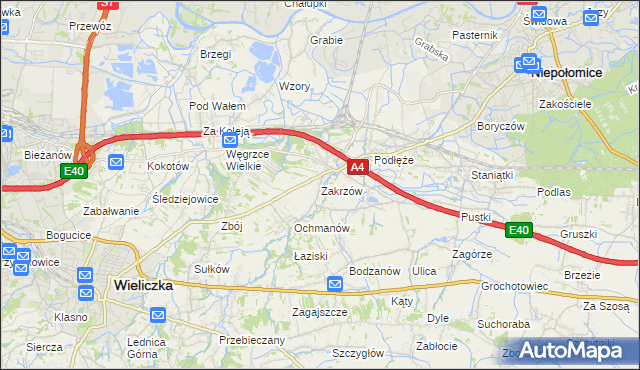 mapa Zakrzów gmina Niepołomice, Zakrzów gmina Niepołomice na mapie Targeo