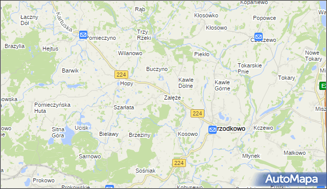 mapa Załęże gmina Przodkowo, Załęże gmina Przodkowo na mapie Targeo