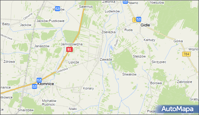 mapa Zawada gmina Kłomnice, Zawada gmina Kłomnice na mapie Targeo