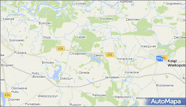 mapa Zawory gmina Książ Wielkopolski, Zawory gmina Książ Wielkopolski na mapie Targeo