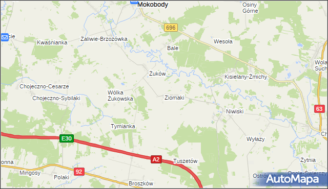 mapa Ziomaki gmina Mokobody, Ziomaki gmina Mokobody na mapie Targeo