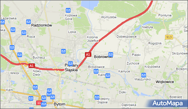 mapa Bobrowniki powiat będziński, Bobrowniki powiat będziński na mapie Targeo