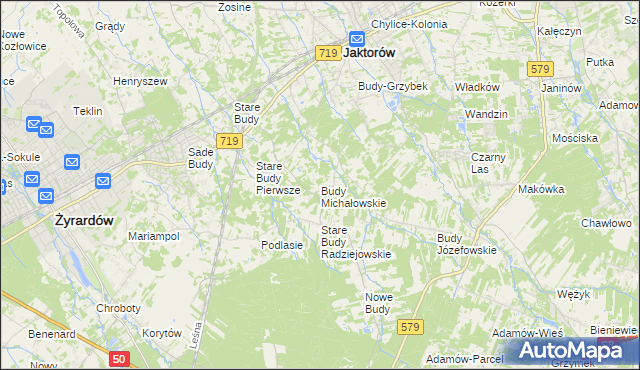 mapa Budy Michałowskie gmina Jaktorów, Budy Michałowskie gmina Jaktorów na mapie Targeo