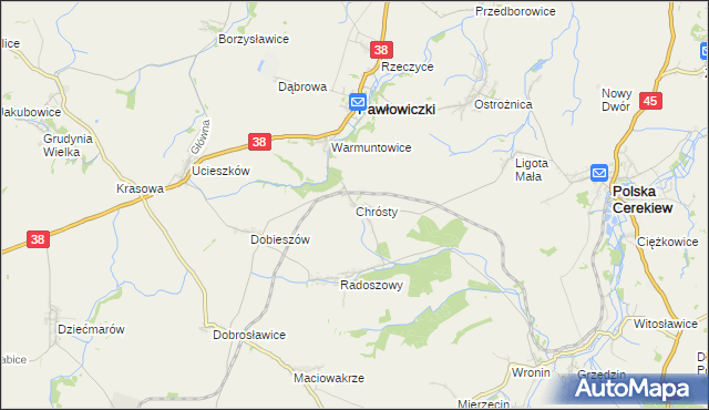 mapa Chrósty gmina Pawłowiczki, Chrósty gmina Pawłowiczki na mapie Targeo