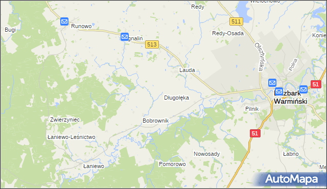 mapa Długołęka gmina Lidzbark Warmiński, Długołęka gmina Lidzbark Warmiński na mapie Targeo