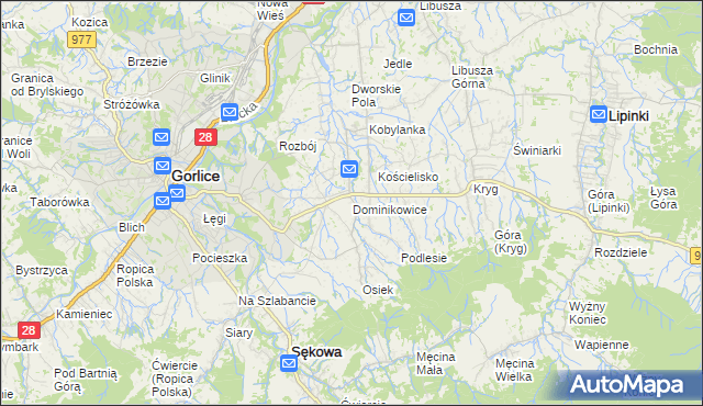 mapa Dominikowice gmina Gorlice, Dominikowice gmina Gorlice na mapie Targeo
