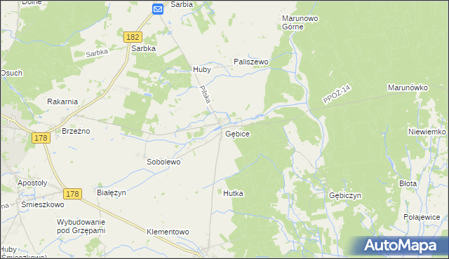 mapa Gębice gmina Czarnków, Gębice gmina Czarnków na mapie Targeo