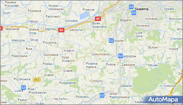 mapa Gołuchowice gmina Skawina, Gołuchowice gmina Skawina na mapie Targeo