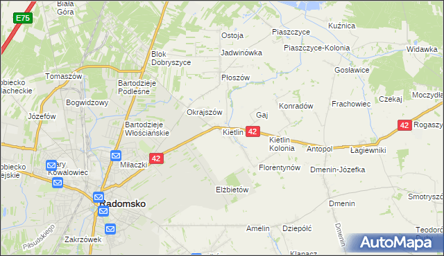mapa Kietlin gmina Radomsko, Kietlin gmina Radomsko na mapie Targeo