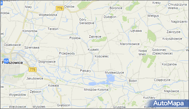 mapa Kościelec gmina Proszowice, Kościelec gmina Proszowice na mapie Targeo
