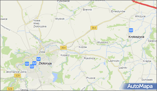 mapa Kozów gmina Złotoryja, Kozów gmina Złotoryja na mapie Targeo
