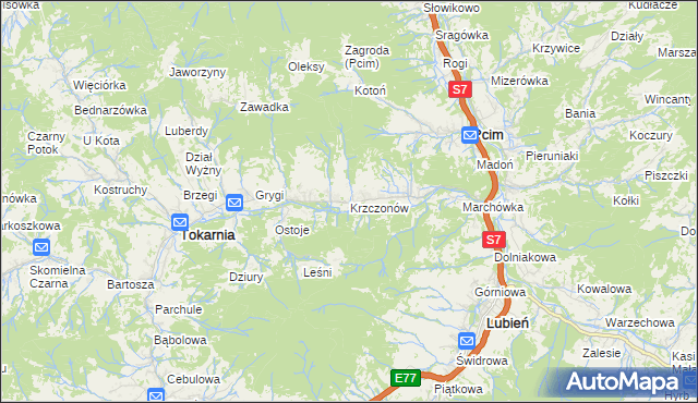 mapa Krzczonów gmina Tokarnia, Krzczonów gmina Tokarnia na mapie Targeo
