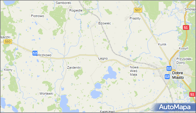 mapa Łęgno gmina Dobre Miasto, Łęgno gmina Dobre Miasto na mapie Targeo