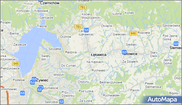 mapa Łękawica powiat żywiecki, Łękawica powiat żywiecki na mapie Targeo