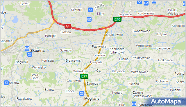 mapa Libertów gmina Mogilany, Libertów gmina Mogilany na mapie Targeo