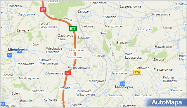 mapa Łuczyce gmina Kocmyrzów-Luborzyca, Łuczyce gmina Kocmyrzów-Luborzyca na mapie Targeo