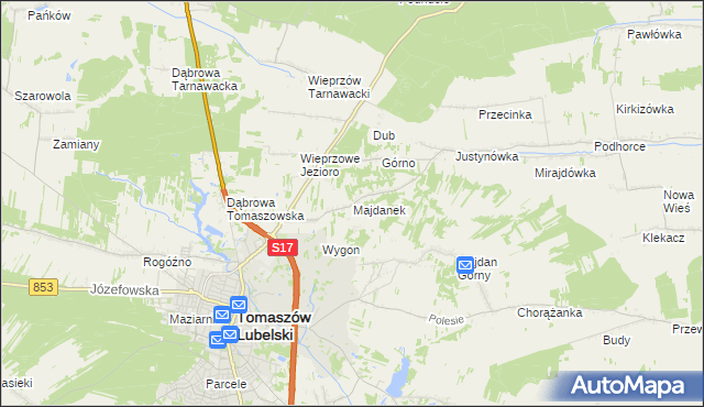 mapa Majdanek gmina Tomaszów Lubelski, Majdanek gmina Tomaszów Lubelski na mapie Targeo