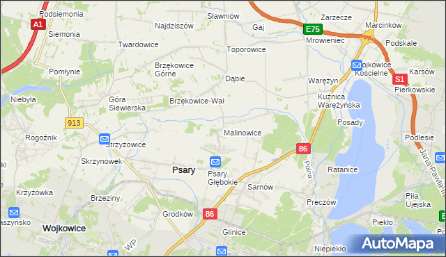 mapa Malinowice, Malinowice na mapie Targeo