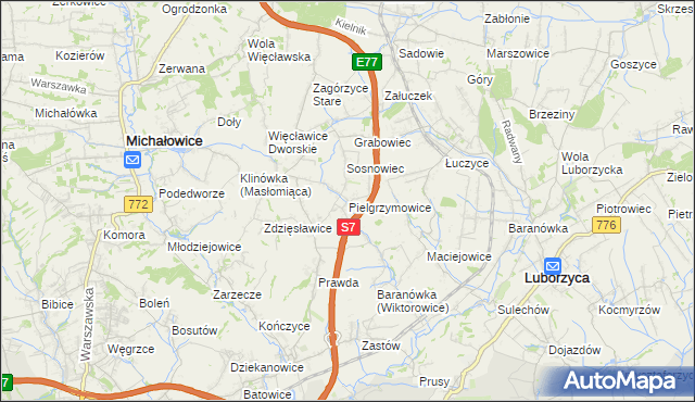 mapa Pielgrzymowice gmina Michałowice, Pielgrzymowice gmina Michałowice na mapie Targeo