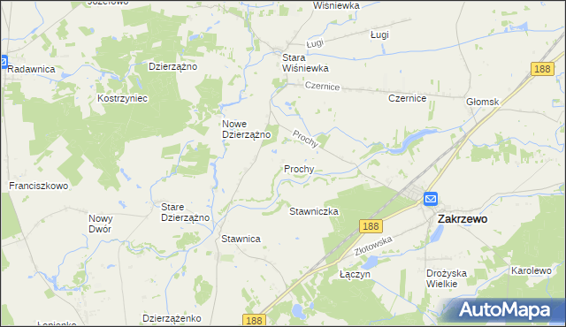 mapa Prochy gmina Zakrzewo, Prochy gmina Zakrzewo na mapie Targeo