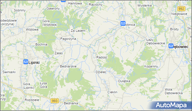 mapa Radość gmina Dębowiec, Radość gmina Dębowiec na mapie Targeo