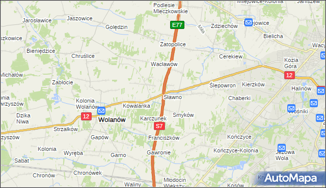 mapa Sławno gmina Wolanów, Sławno gmina Wolanów na mapie Targeo