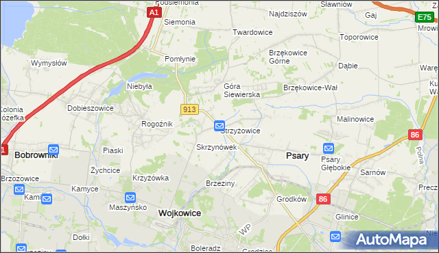 mapa Strzyżowice gmina Psary, Strzyżowice gmina Psary na mapie Targeo