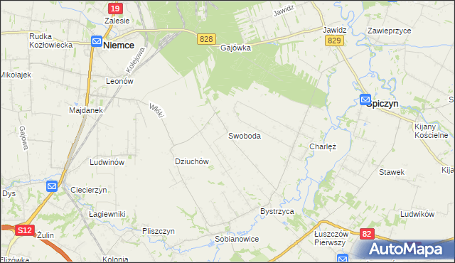 mapa Swoboda gmina Niemce, Swoboda gmina Niemce na mapie Targeo