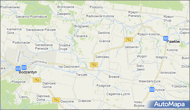 mapa Szerzawy gmina Pawłów, Szerzawy gmina Pawłów na mapie Targeo