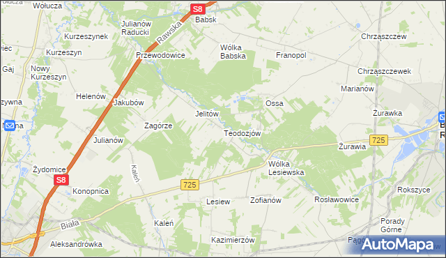 mapa Teodozjów gmina Biała Rawska, Teodozjów gmina Biała Rawska na mapie Targeo