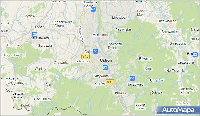mapa Ustroń powiat cieszyński, Ustroń powiat cieszyński na mapie Targeo