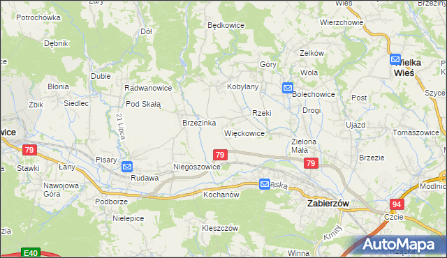 mapa Więckowice gmina Zabierzów, Więckowice gmina Zabierzów na mapie Targeo