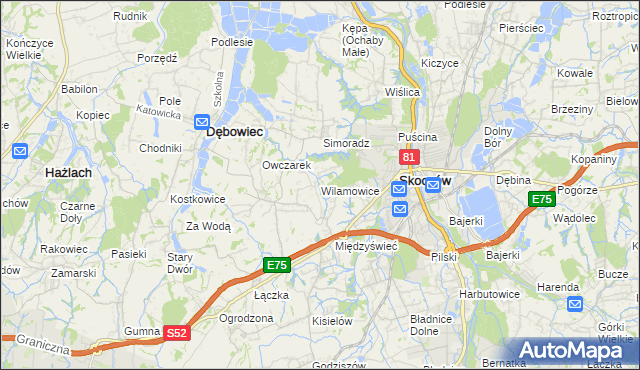 mapa Wilamowice gmina Skoczów, Wilamowice gmina Skoczów na mapie Targeo